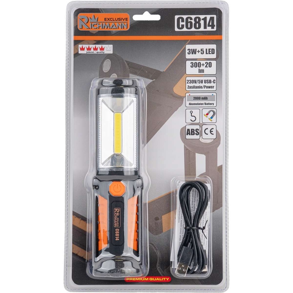 Lampa aku. LED 3W + 5 LED, USB uchylna, magnetyczna podstawa RICHMANN